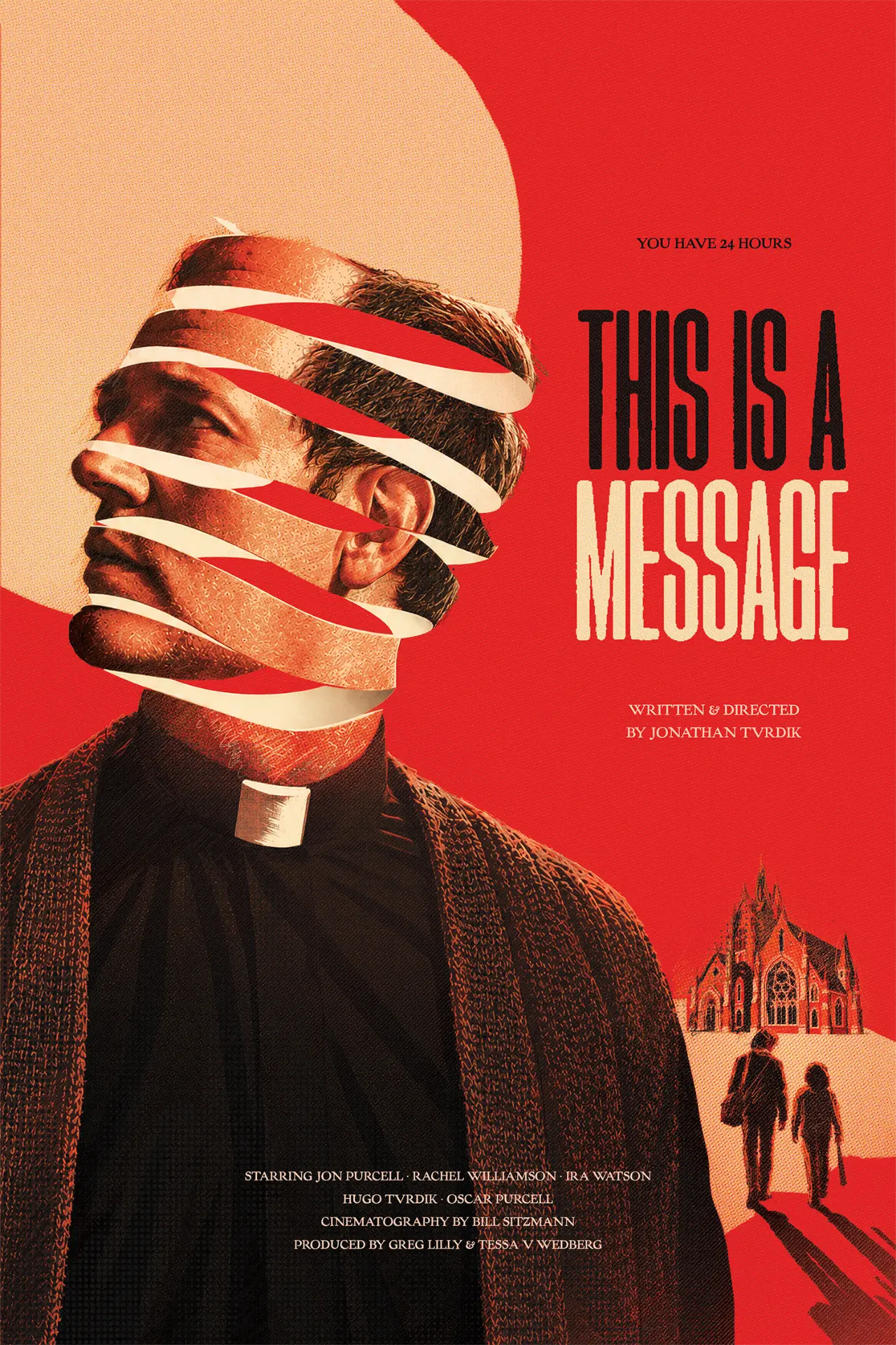 Official poster for THIS IS A MESSAGE — a priest whose head unspools into ribbons, beside a church and two boys, on a vermilion field