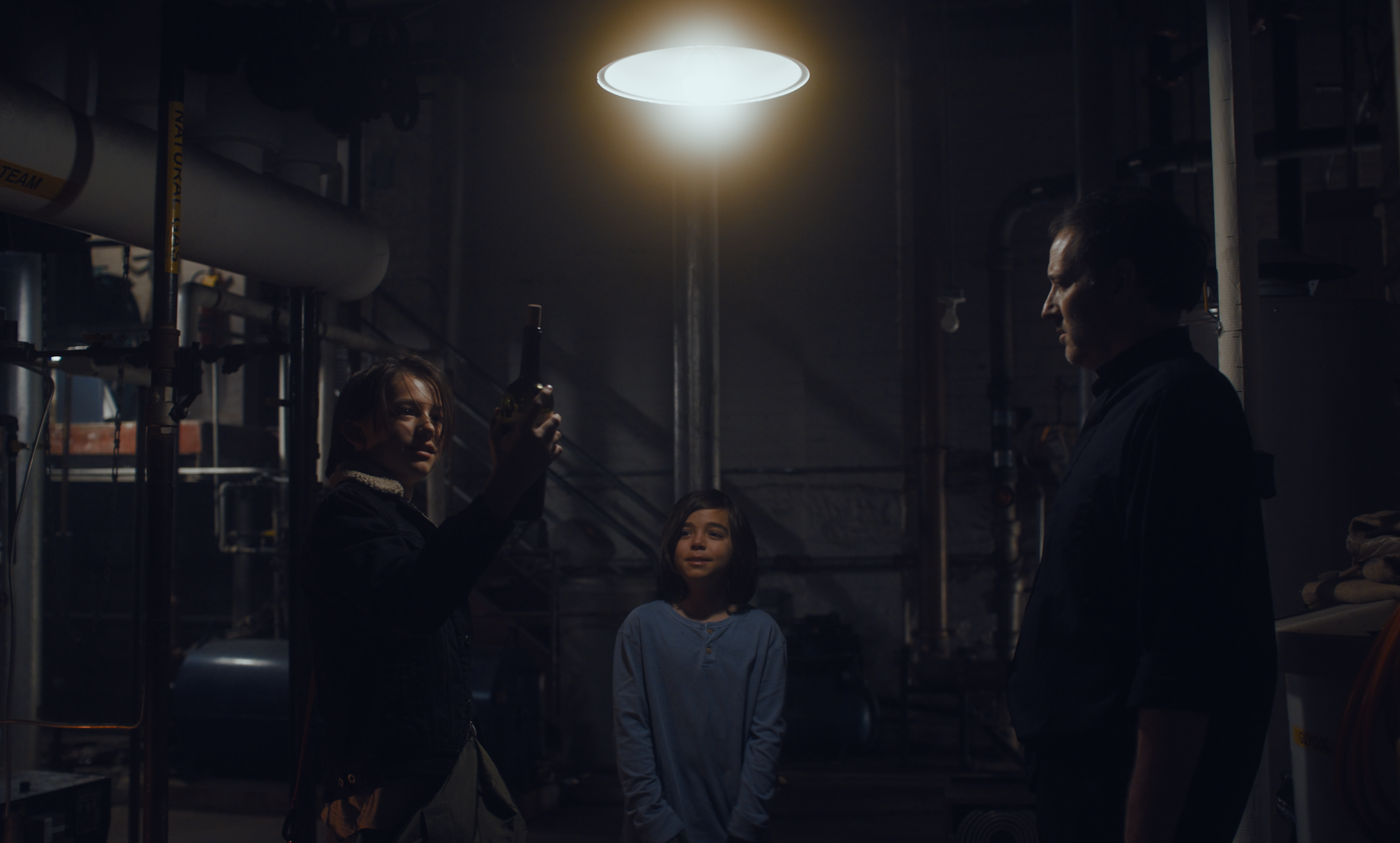 Three figures under a single hanging lamp in a dark basement — a woman raising a bottle, a boy, and an older man